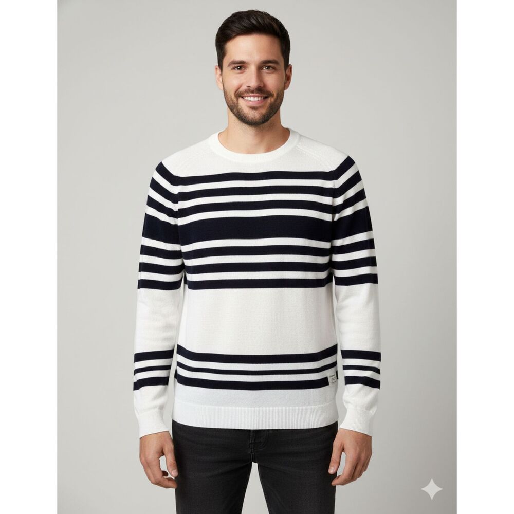 Jack & Jones Lake O Neck White Blue Striped Lightweight Crewneck Sweater Sz M